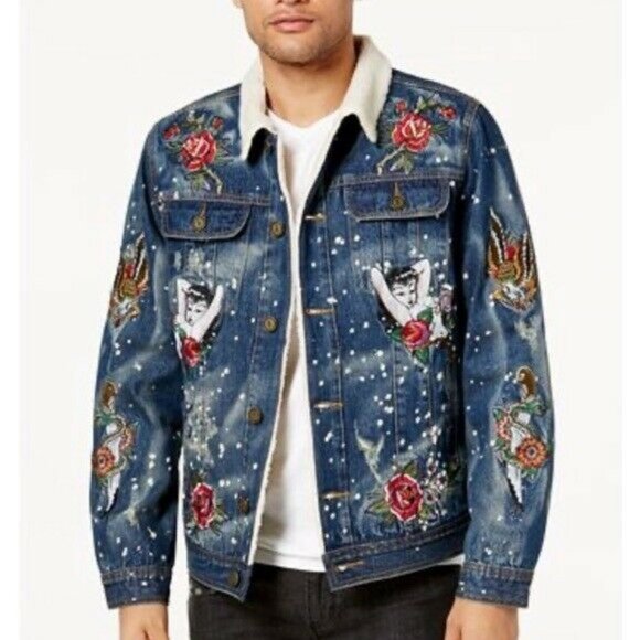 Reason Other - Reason Denim "Death Before Dishonor" Sherpa Trucker Button Jacket Distressed L